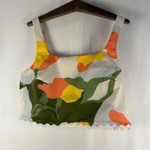 CeCe Multicolor Abstract Crop Top, Square neck Scallop Boho Summer Tank Smocked